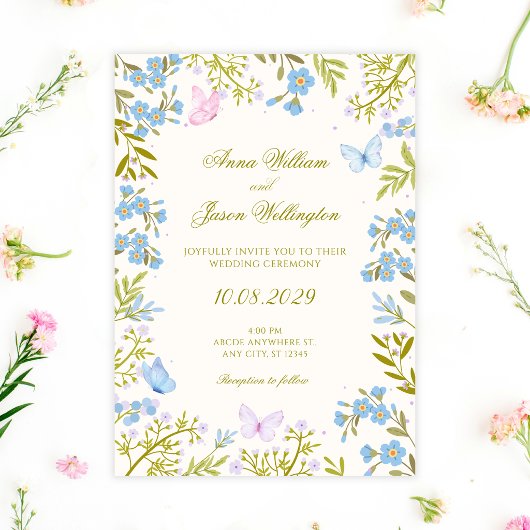 Invitation Mariage papillons floraux bleus