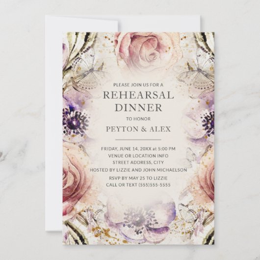 Invitation Mariage papillons floraux rose blush violet crème (Devant)