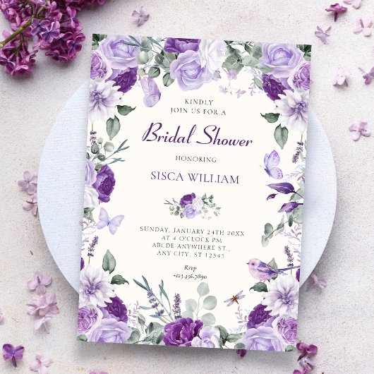 Invitation Mariage papillons floraux violets