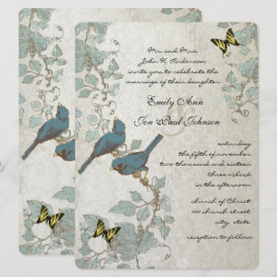 Invitation Mariage Papillons Jaunes et Oiseaux Bleu Argenté