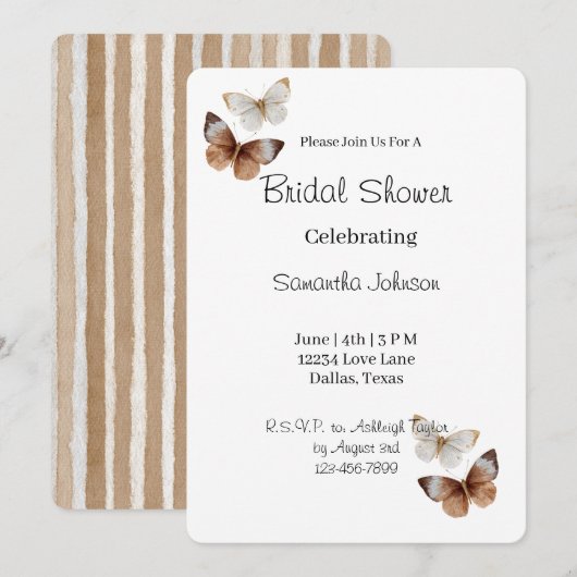 Invitation Mariage Papillons Marron Blanc (Devant / Derrière)