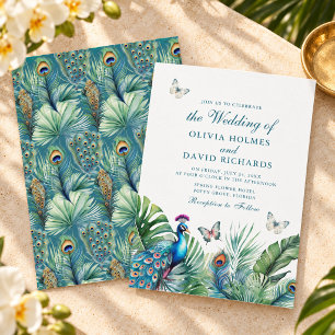 Invitation Mariage Papillons Plumes de Paon Tropical
