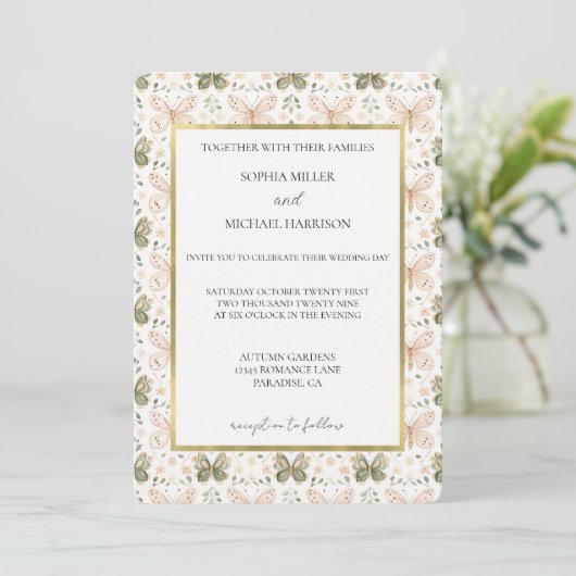 Invitation Mariage Papillons Vert Rose (Debout devant)