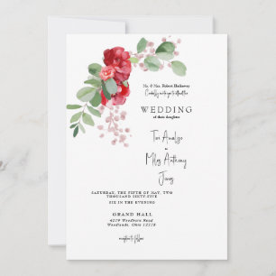 Invitation Mariage Parents de la Mariée Fleurs Rouges Eucalyp