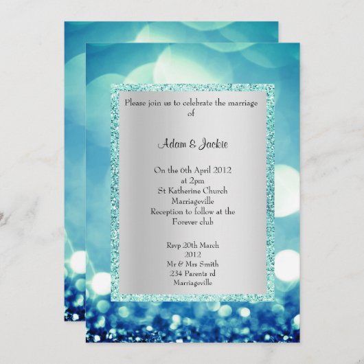 Invitation Mariage PARTIES SCINTILLANT AQUA BLEU ÉLÉGANT ET M (Devant / Derrière)