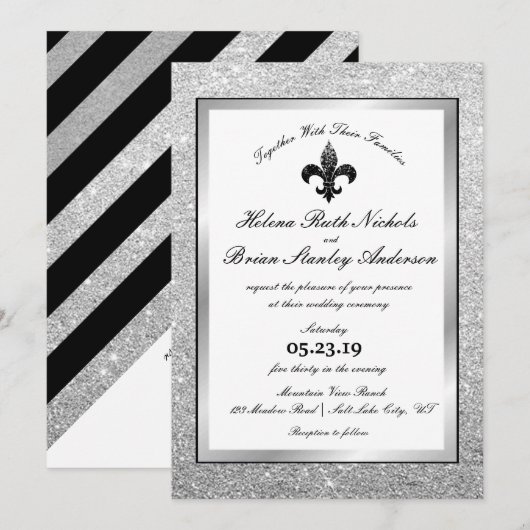 Invitation Mariage Parties scintillant d'argent noir blanc Fl (Devant / Derrière)