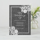 Invitation Mariage parties scintillant floral classique noir (Debout devant)