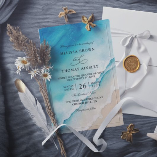 Invitation Mariage pas cher avec code QR sur la plage de l'oc