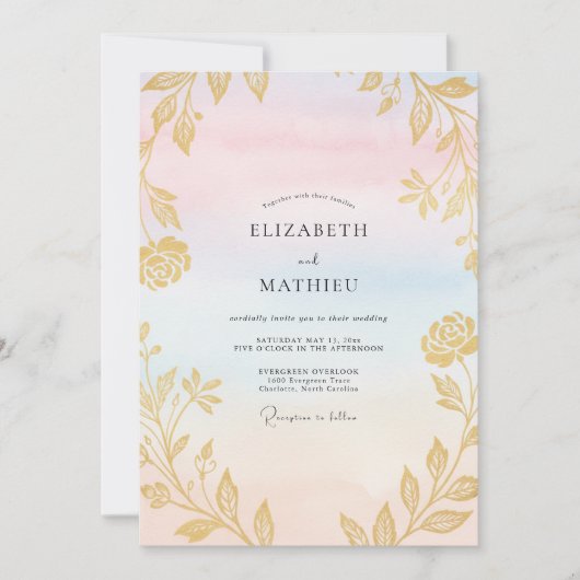 Invitation Mariage Pastel aux Feuilles d'Or (Devant)