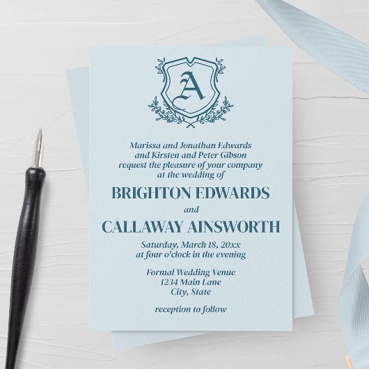 Invitation Mariage Pastel Blue Leaf et Floral Monogram