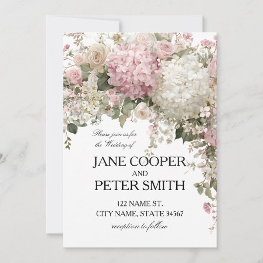 Invitation Mariage pastel hydrangeas et roses Budget (Devant)
