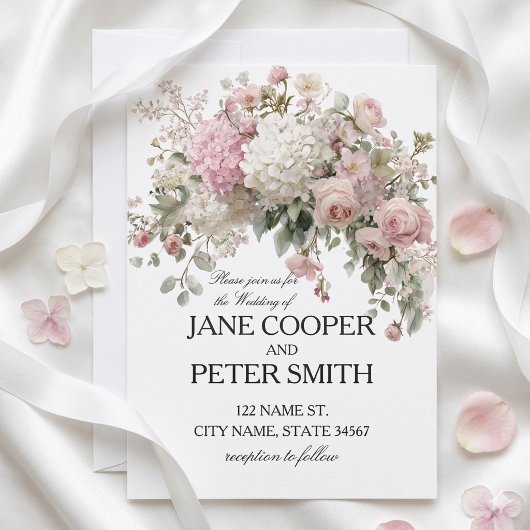 Invitation Mariage pastel hydrangeas et roses Budget