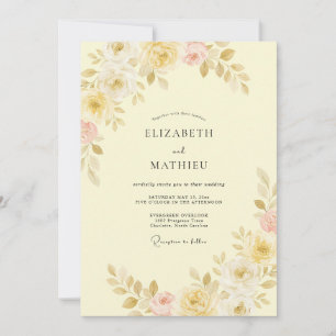 Invitation Mariage Pastel Jaune Floral Embrassant