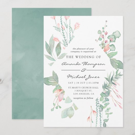 Invitation Mariage Pastel Pâle au Vert (Devant / Derrière)