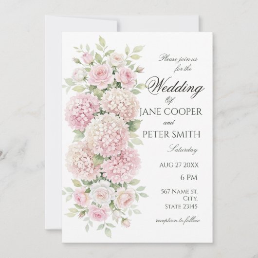 Invitation Mariage pastel rose hydrangeas et roses Budget (Devant)