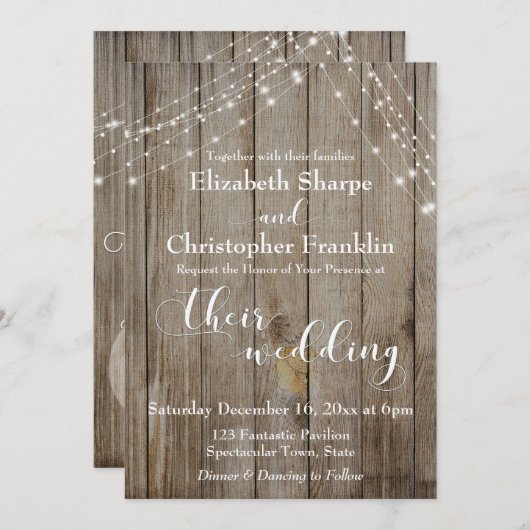 Invitation Mariage Patiné Brown en bois et lumière blanche (Devant / Derrière)