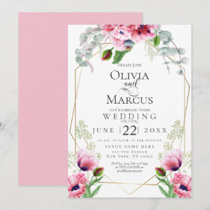 Invitation MARIAGE   Pavois roses et feuillage