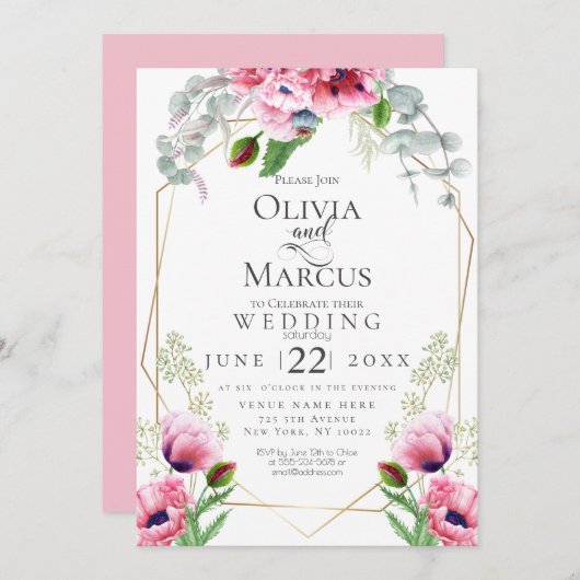 Invitation MARIAGE | Pavois roses et feuillage (Devant / Derrière)