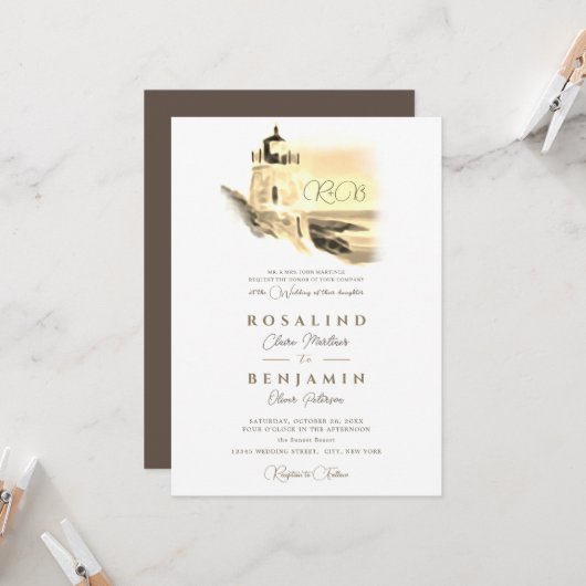 Invitation Mariage paysager Chic Gold Watercolor (Devant/Arrière en situation)