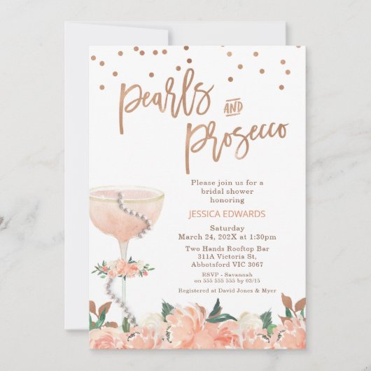 Invitation Mariage Peach Fleur Perles Prosecco (Devant)