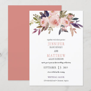 Invitation Mariage Peach Pink Lavender Purple Flowers  
