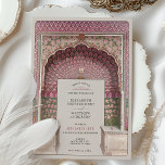 Invitation Mariage Peacock Arch Motif de luxe inspiré par l'I<br><div class="desc">Ce faire-part de mariage exquis présente un design d'inspiration indienne époustouflant, mettant en valeur la porte Peacock du Palais de Ville de Jaipur. L'oeuvre d'art riche et riche comprend des motifs floraux luxuriants, d'élégantes portes dorées et une arche fascinante ornée de motifs de plumes de paon. La fusion de l'architecture...</div>