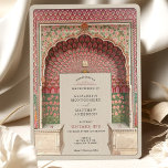 Invitation Mariage Peacock Arch Motif de luxe inspiré par l'I<br><div class="desc">Ce faire-part de mariage exquis présente un design d'inspiration indienne époustouflant, mettant en valeur la porte Peacock du Palais de Ville de Jaipur. L'oeuvre d'art riche et riche comprend des motifs floraux luxuriants, d'élégantes portes dorées et une arche fascinante ornée de motifs de plumes de paon. La fusion de l'architecture...</div>
