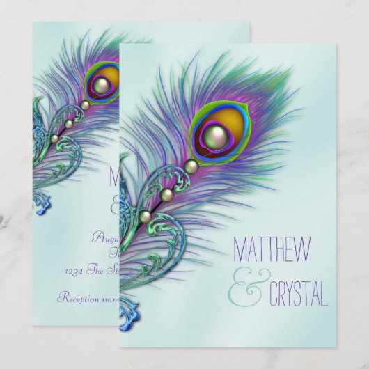 Invitation Mariage Peacock bleu pourpre et Turquoise (Devant / Derrière)