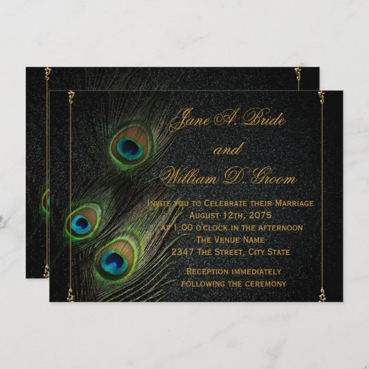 Invitation Mariage Peacock en or noir (Devant / Derrière)