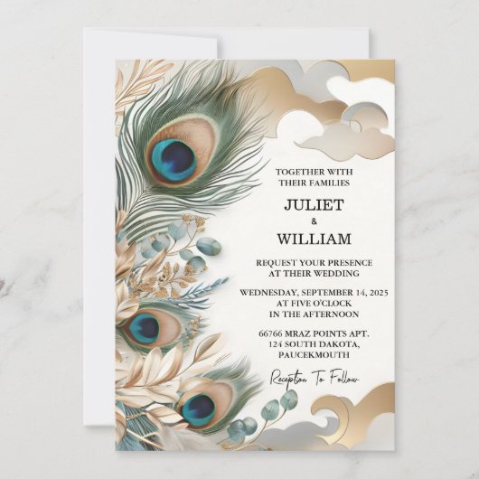 Invitation Mariage Peacock Feather Rustic Asian Sky Cloud (Devant)