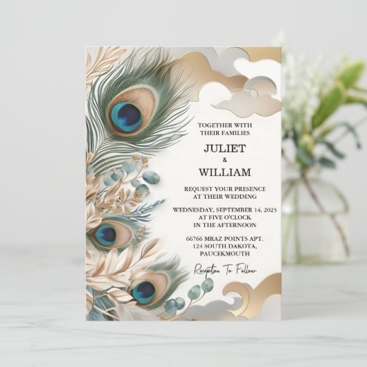 Invitation Mariage Peacock Feather Rustic Asian Sky Cloud (Debout devant)