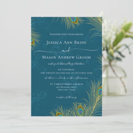 Invitation Mariage Peacock Feathers (Debout devant)