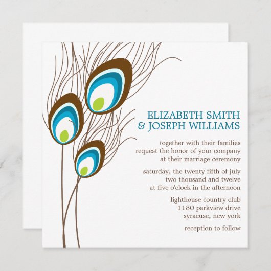 Invitation Mariage Peacock turquoise (Devant / Derrière)