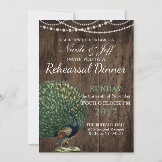 Invitation Mariage Peacock Turquoise en bois rustique (Devant)