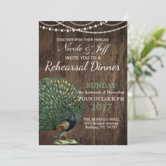 Invitation Mariage Peacock Turquoise en bois rustique (Debout devant)