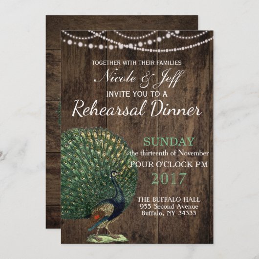 Invitation Mariage Peacock Turquoise en bois rustique (Devant / Derrière)
