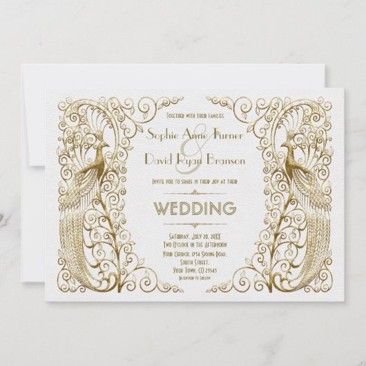 Invitation Mariage Peacocks Art déco or blanc (Devant)