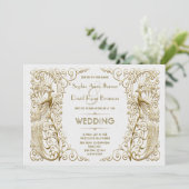 Invitation Mariage Peacocks Art déco or blanc (Debout devant)
