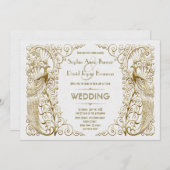 Invitation Mariage Peacocks Art déco or blanc (Devant / Derrière)