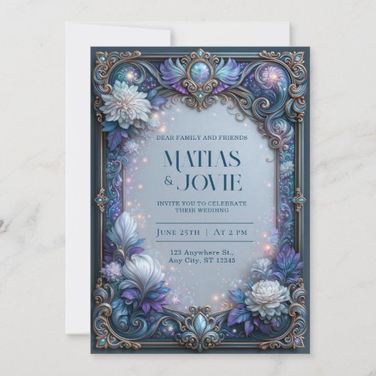 Invitation Mariage Pearl Bloom Filigrane Céleste (Devant)