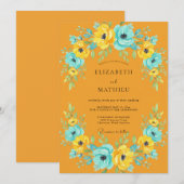 Invitation Mariage peint à la main moutarde turquoise (Devant / Derrière)