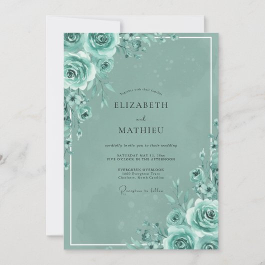 Invitation Mariage peint à la rose sarcelle (Devant)