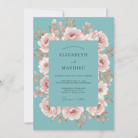 Invitation Mariage peint à la teinte champagne sarcelle (Devant)