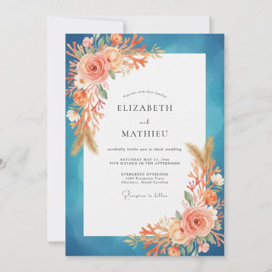 Invitation Mariage Peint à l'Abricot Sarcelle (Devant)