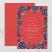 Invitation Mariage peint à l'indigo de corail doux (Devant / Derrière)