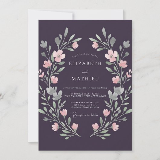 Invitation Mariage Peint Antique Argent Plum (Devant)