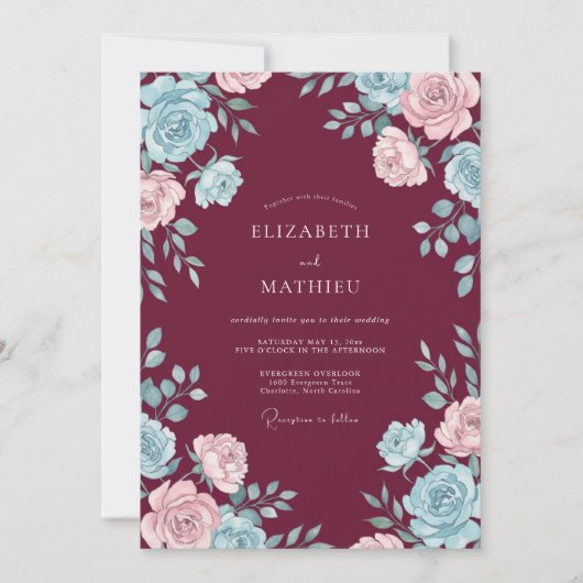 Invitation Mariage Peint Aqua Bordeaux (Devant)