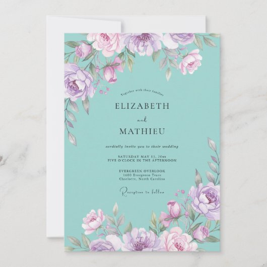 Invitation Mariage Peint Aqua Lilas (Devant)
