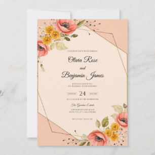 Invitation Mariage peint au coquelicot corail