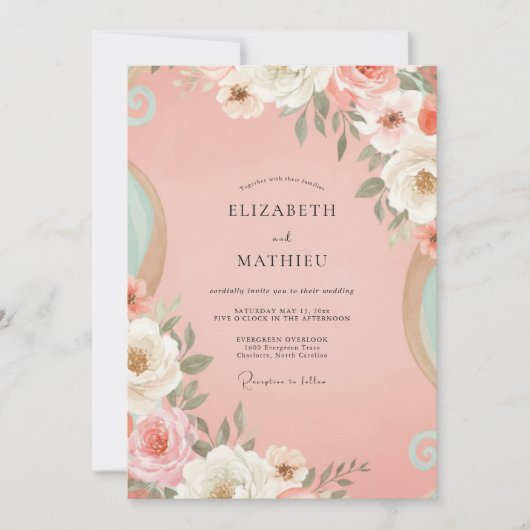 Invitation Mariage peint au corail et pêche (Devant)